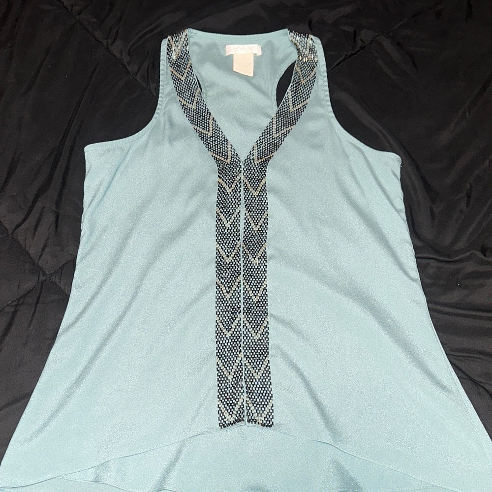 MM Couture Light Blue Sleeveless Top with Black Patterned Trim